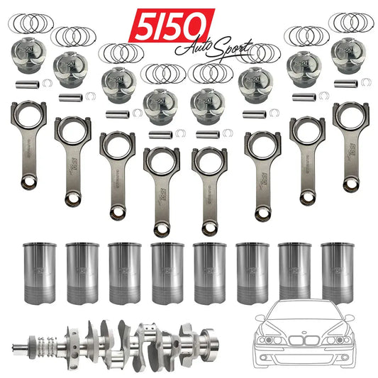 Rotating assembly components for 5.3L BMW S62 builds, includes Carrillo forged connecting rods, iron cylinder liners, steel stroker crankshafts, and CP motorsport pistons.