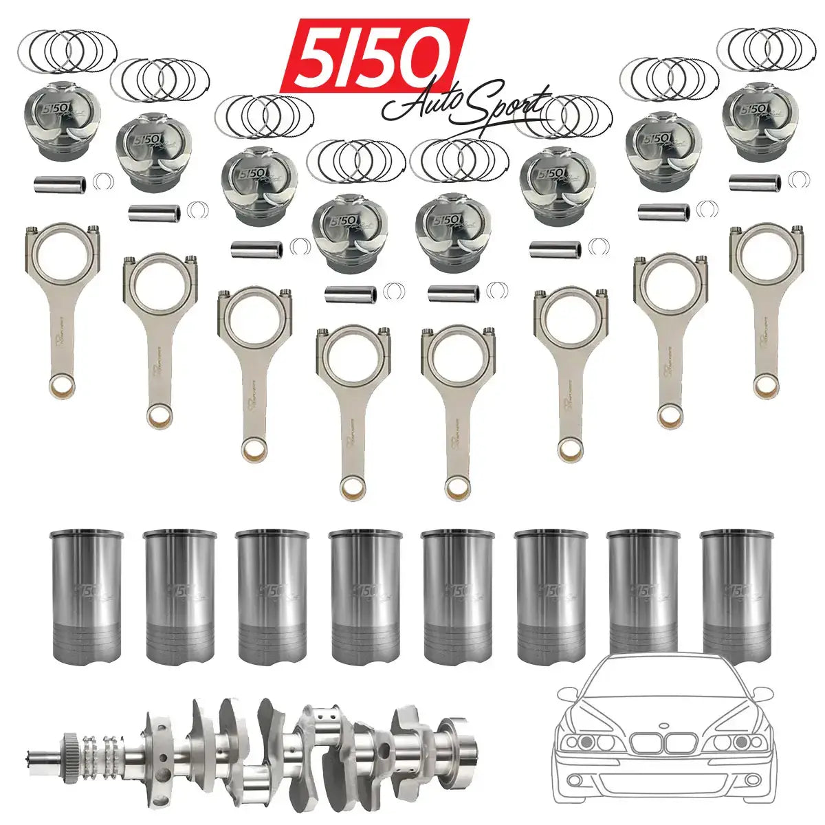 A 5.3L BMW S62 Stroker Kit featuring iron cylinder sleeves, forged billet steel stroker crankshaft, SP components forged connecting rods, and CP motorsport pistons.