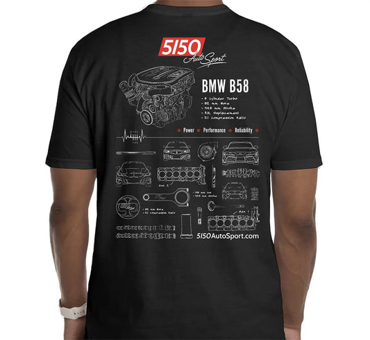 BMW Toyota B58 T-Shirt featuring engine component blueprints, GR Supra, BMW chassis