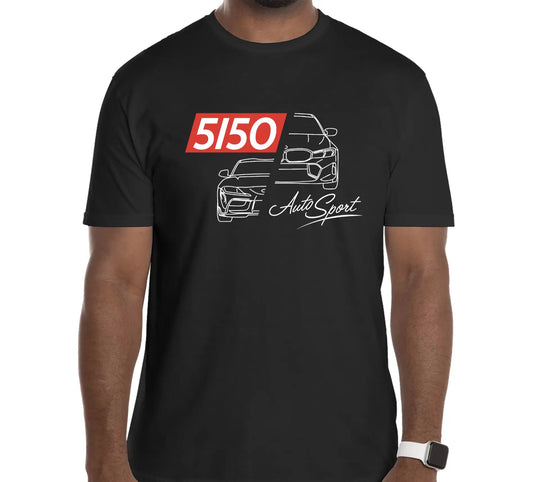 Black T-shirt with a graphic print of a BMW M340i and Toyota GR Supra with the text '5150 AutoSport'