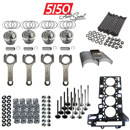 High performance BMW N20 engine build components, including forged pistons and rods, valve springs, valves, performance coated rod bearings, head gasket, and ARP head stud kit.