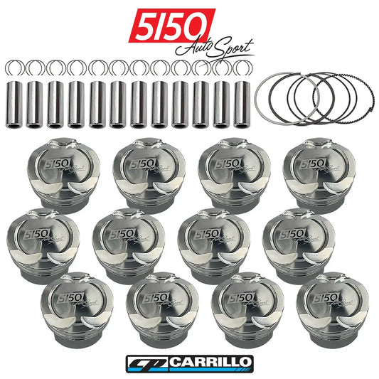 Set of 12 forged pistons for BMW / Rolls Royce N74R engines. Set includes pistons, wrist pins, piston rings, and locks.
