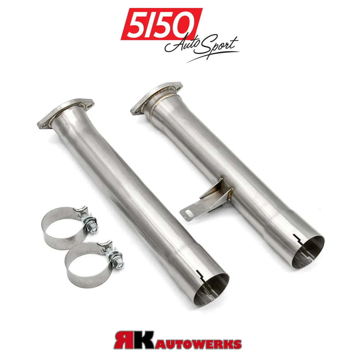 Stainless steel BMW S58 cat delete pipes by RK Autowerks, including slip-on design with heavy-duty clamps.