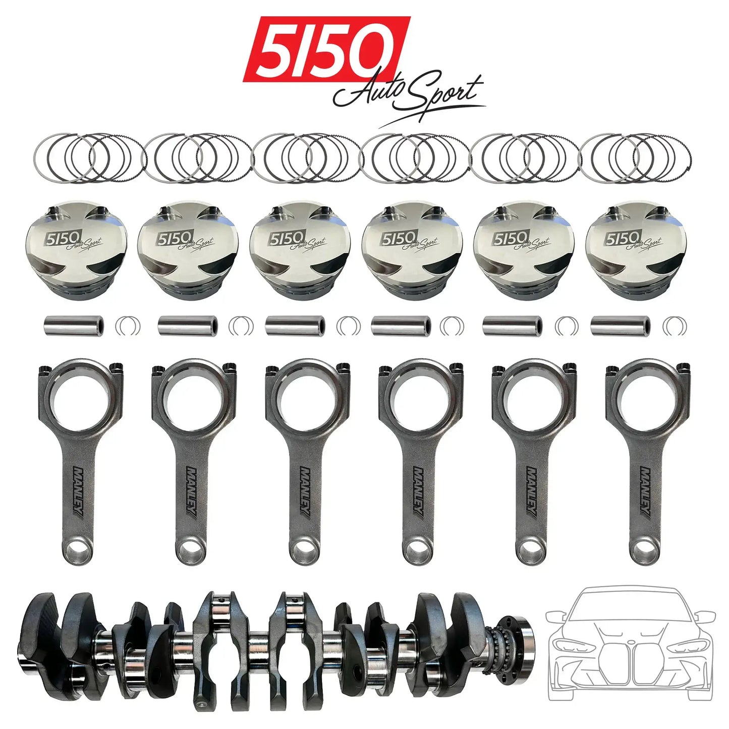 BMW S58 Stroker Kit including forged CP pistons, forged Manley connecting rods, and forged crankshaft by 5150 AutoSport