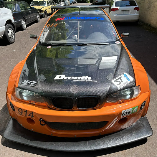 E46 M3 carbon fiber replacement hood for track weight savings