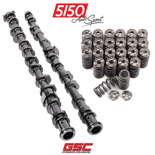 A set of GSC camshafts and valve springs for BMW / Toyota B58 Gen 2 engines, including both intake and exhaust components.
