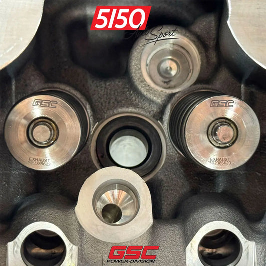 Close-up of exhaust valves and retainers with GSC Power Division branding.