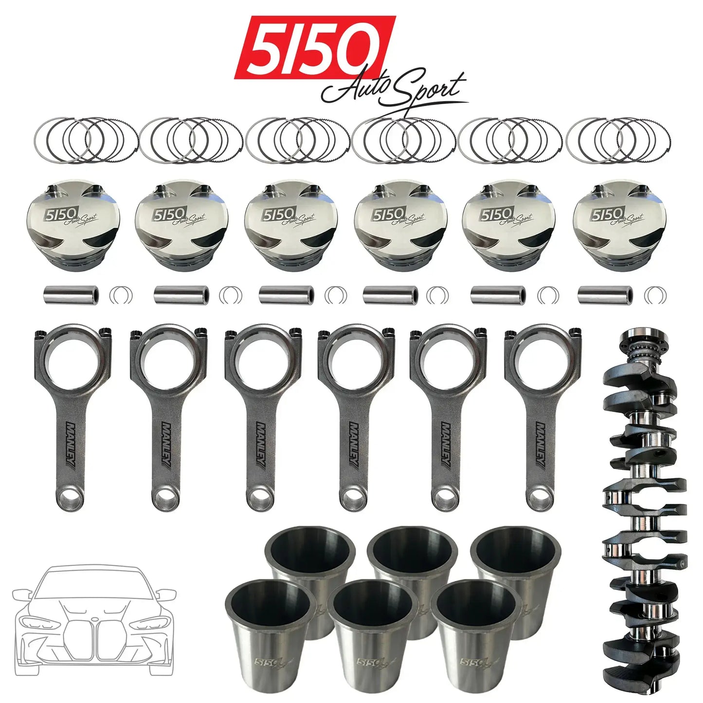 BMW S58 stroker kit parts including billet steel stroker crankshaft, forged CP pistons, Manley connecting rods, and wrist pins.