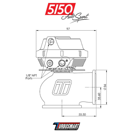 Technical drawing of a turbo wastegate with dimensions.