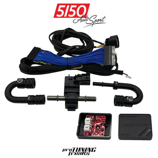 A collection of components for a BMW S58 FlexFuel Kit, including wiring, fittings, and installation components.