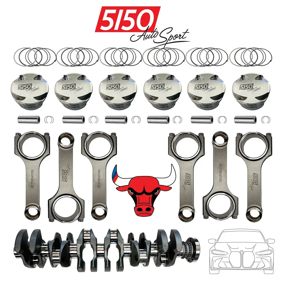 An assortment of BMW S58 stroker engine parts including a crankshaft, pistons, and connecting rods, with the 5150 AutoSport logo and a silhouette of a car.
